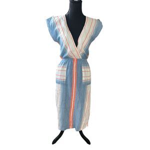 THML anthropologie XS Midi Dress white blue neon orange striped career summer